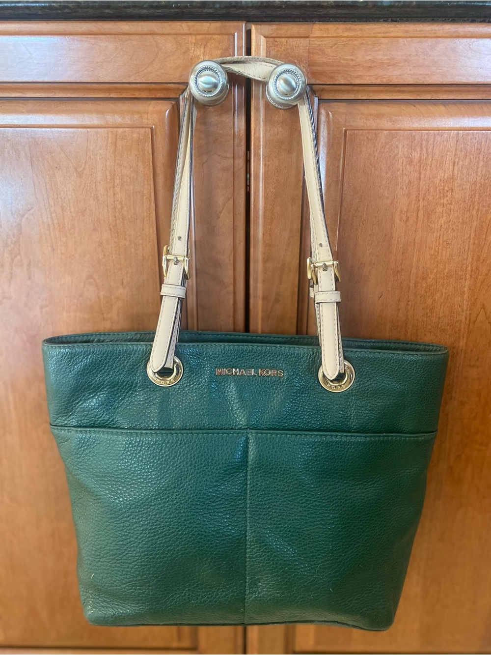 Michael Kors Forest Green Leather Tote with Cream Straps
